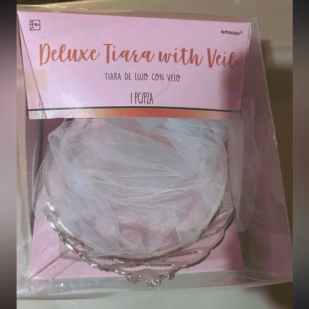 Bachelorette Party City Tiara & Veil, 21 Pink Shot Glasses & White Bride Coozie